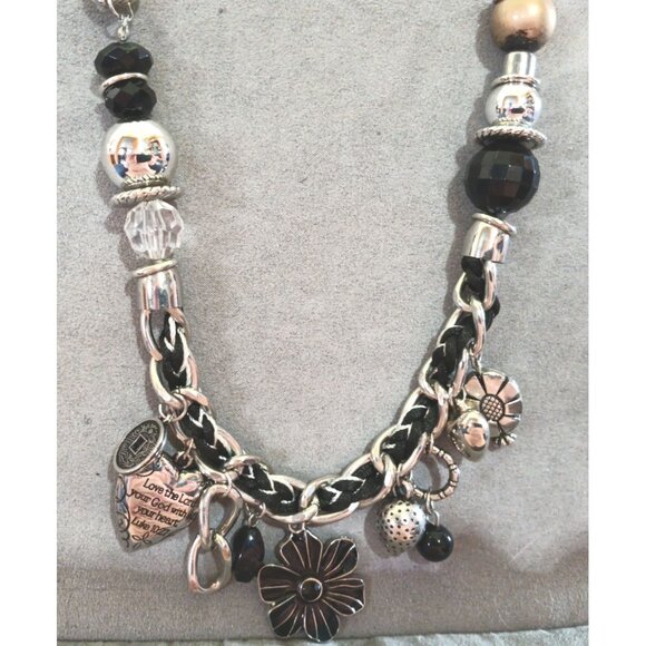 Chunky Silver-Tone & Black Charm Necklace With Braided Leather Chain & Assorted - Picture 3 of 4